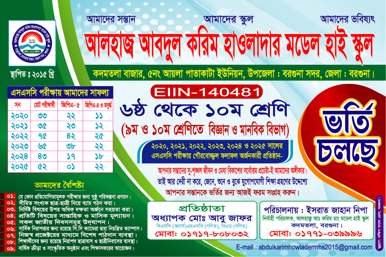 ২০২৬ শিক্ষাবর্ষে ৬ষ্ঠ থেকে ১০ম শ্রেণিতে বিজ্ঞান ও মানবিক বিভাগে ভর্তি চলছে।